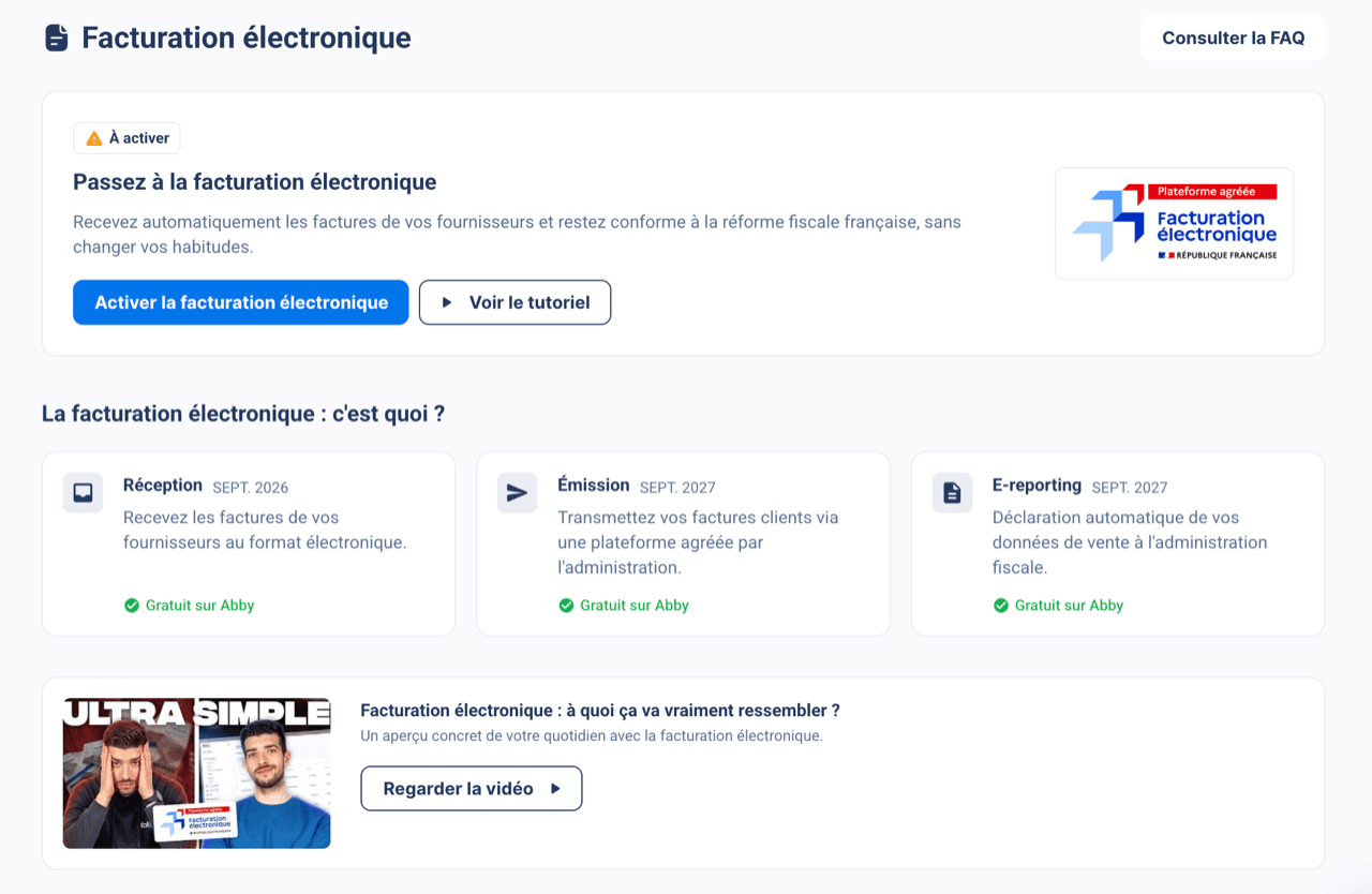 Capture d'écran de l'espace facturation électronique d'Abby : la réception des factures fournisseurs y est affichée « gratuit sur Abby » dès septembre 2026