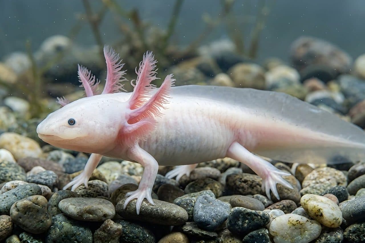 Axolotl leucistique rose pâle, branchies déployées, posé sur des galets au fond d'un aquarium