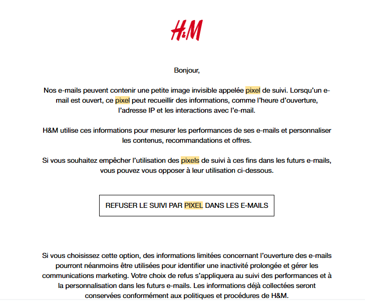 E-mail de H&M informant ses clients de l'utilisation de pixels de suivi, avec un bouton « Refuser le suivi par pixel dans les e-mails »